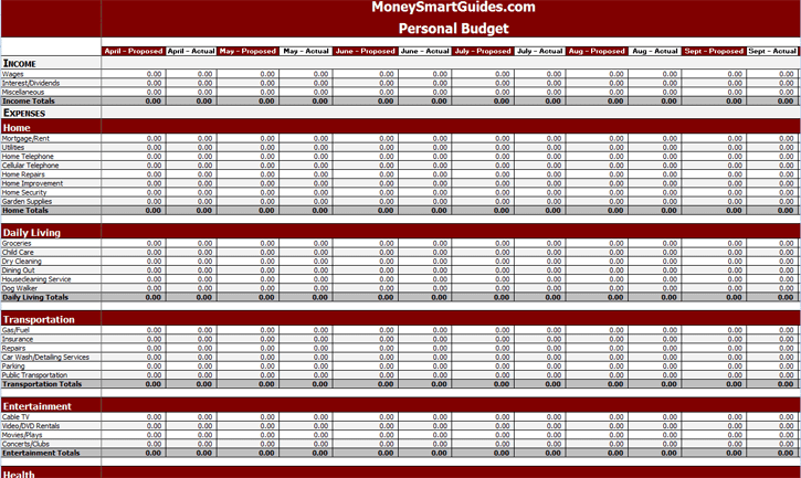 excel personal budget template