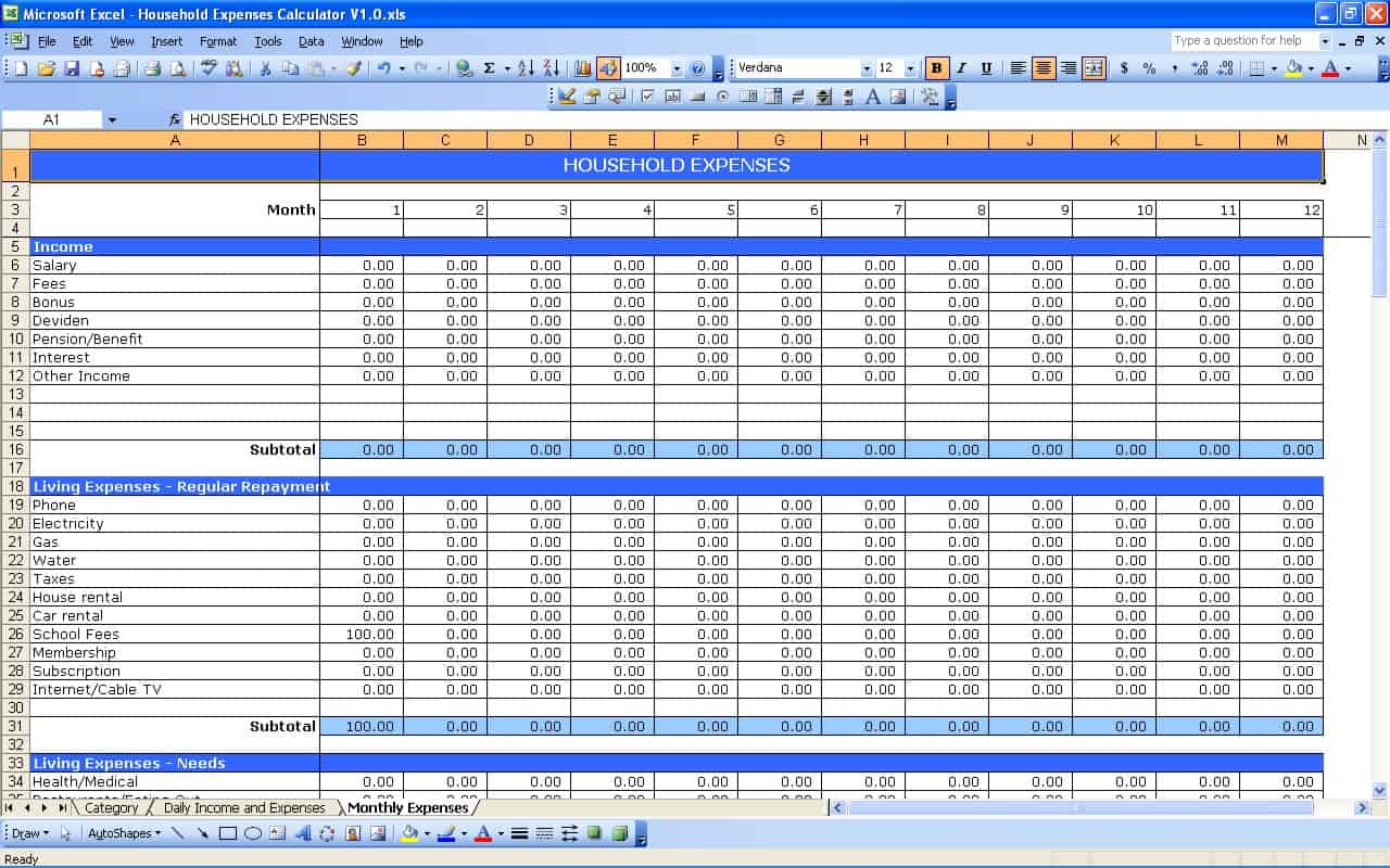 expense tracking spreadsheet template