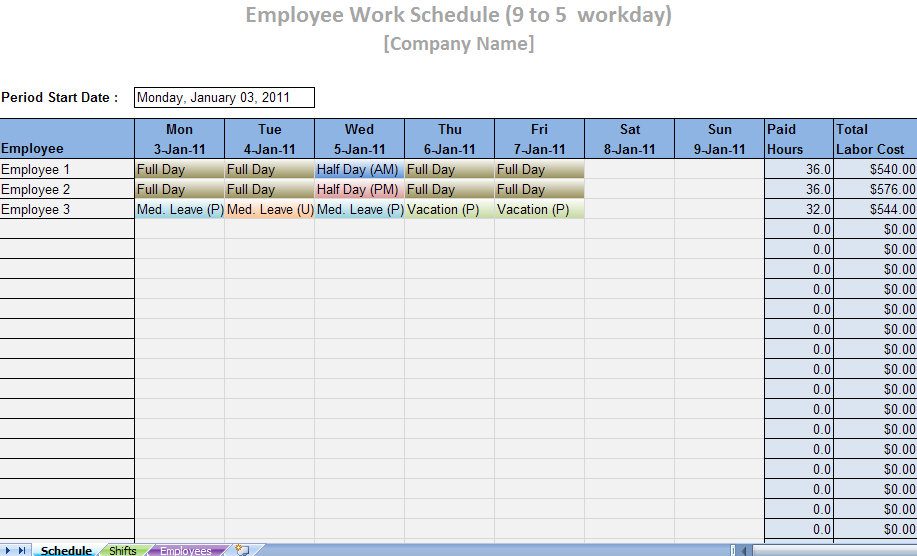monthly work schedule template