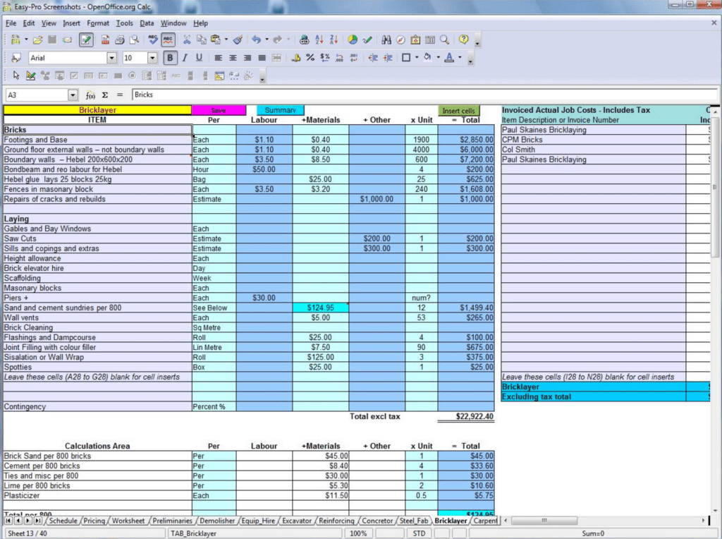 construction estimating spreadsheet sample