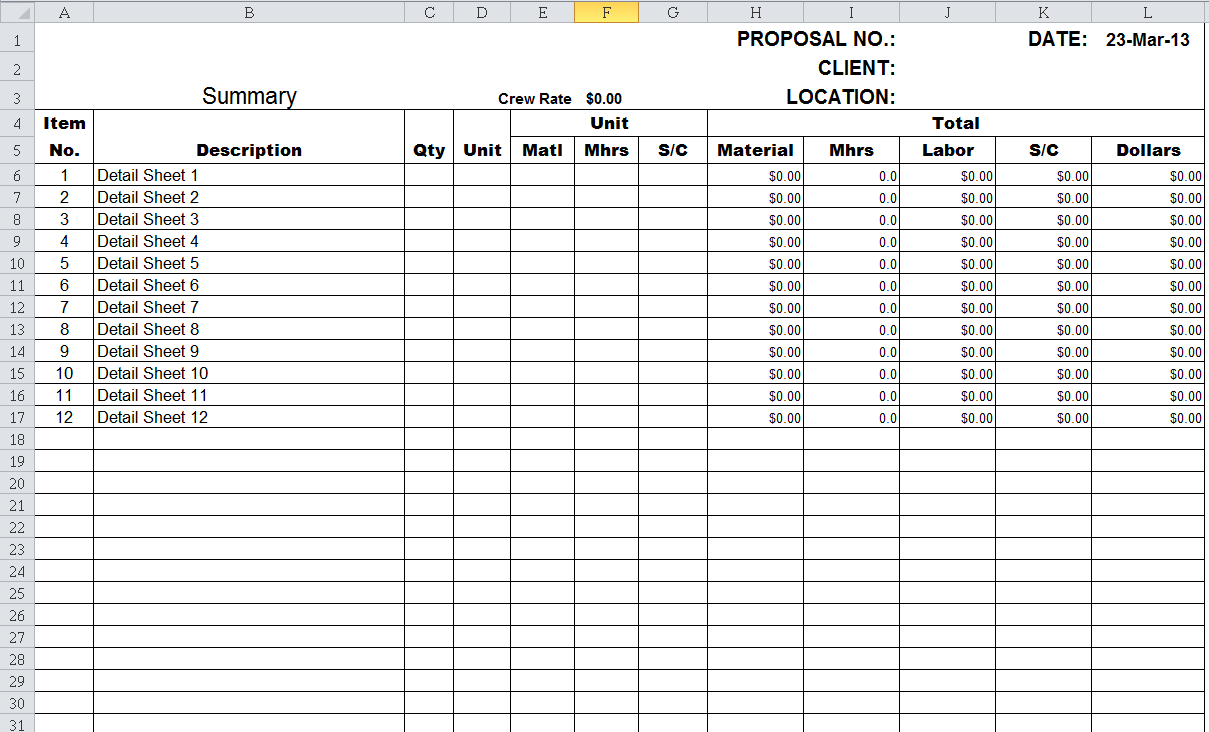 detailed estimate of a building using ms excel sample