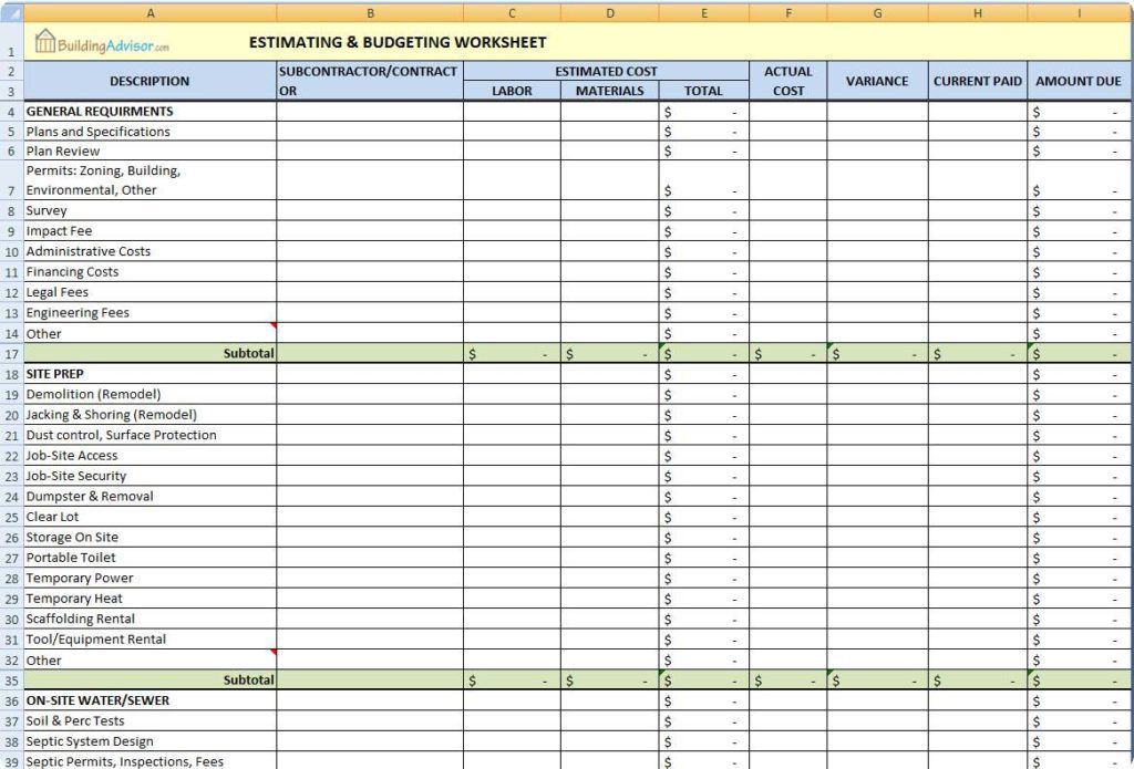 excel sheets cost estimation civil engineering sample