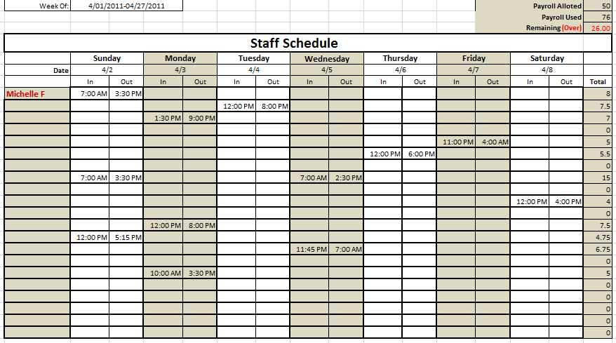 monthly schedule template excel sample