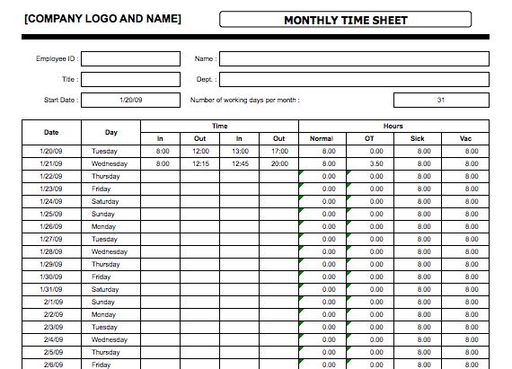 monthly timesheet template excel sample