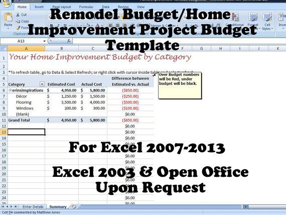 renovation budget tracker sample