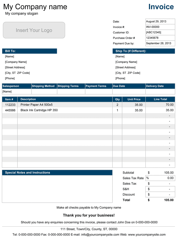 simple invoice template excel sample