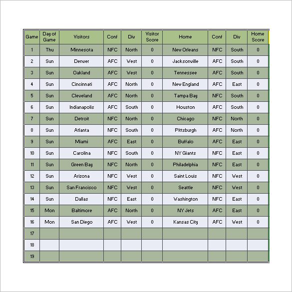 weekly football pool excel spreadsheet sample