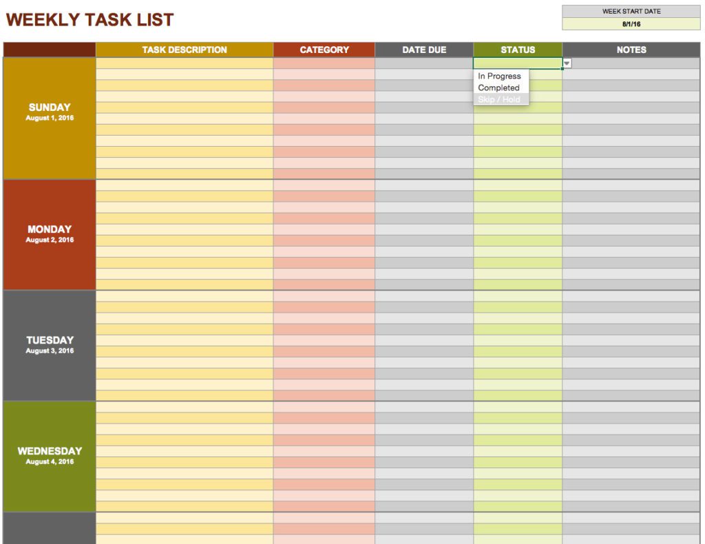 weekly task list template