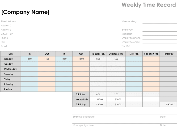 weekly timesheet template excel sample