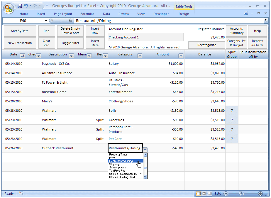 how to keep accounts in excel sample