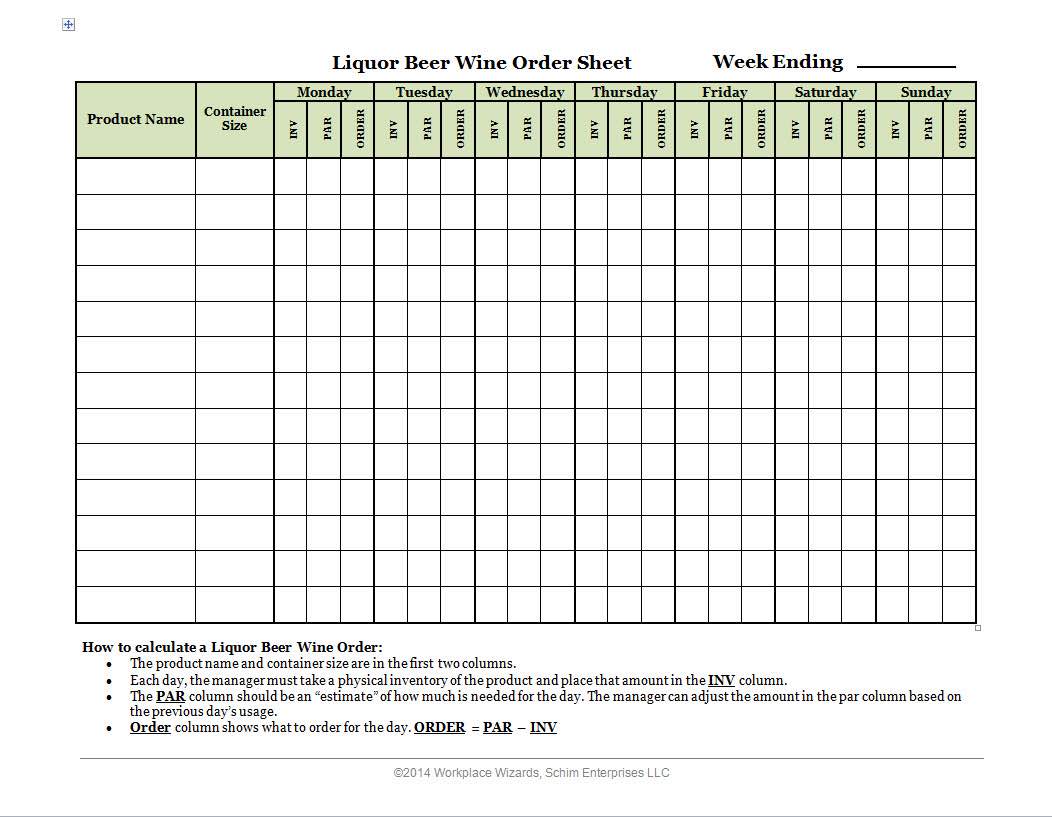 Sample Liquor Inventory Sheet