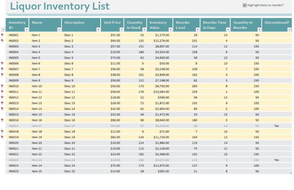 Beverage Cart Inventory Sheet and Free Bar Inventory Sheet