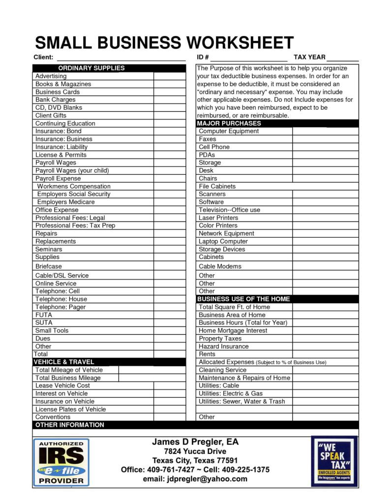 Small Business Spreadsheet for Taxes and Self Employed Expenses Spreadsheet Template