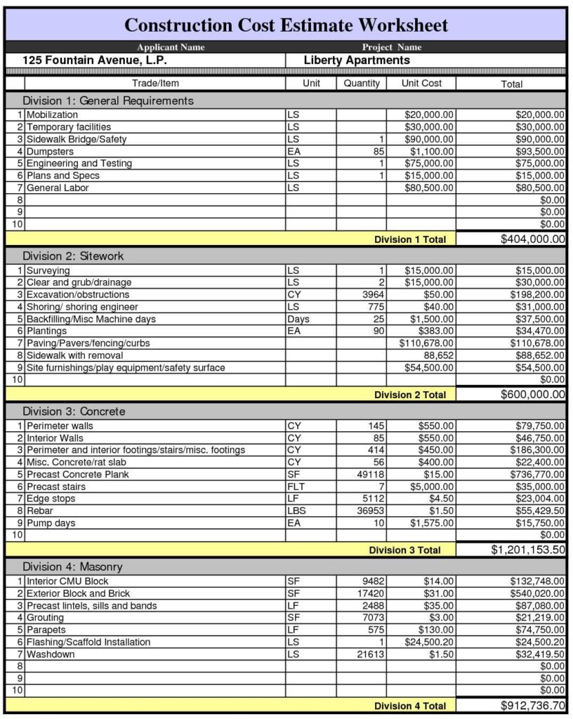 Construction Estimating Spreadsheet And Excel Spreadsheet For Construction Job