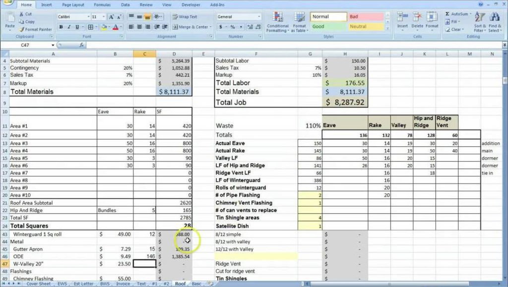 Construction Job Cost Tracking Spreadsheet And Job Material Spreadsheet For Excel