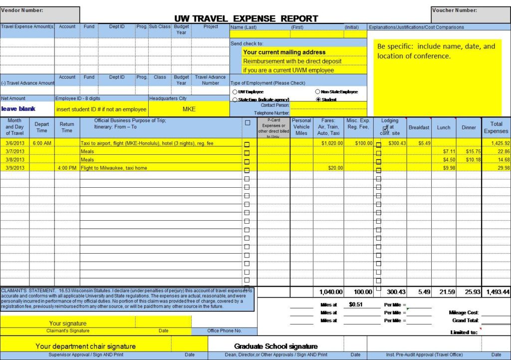 Sample Business Expense Form And Printable Expense Report