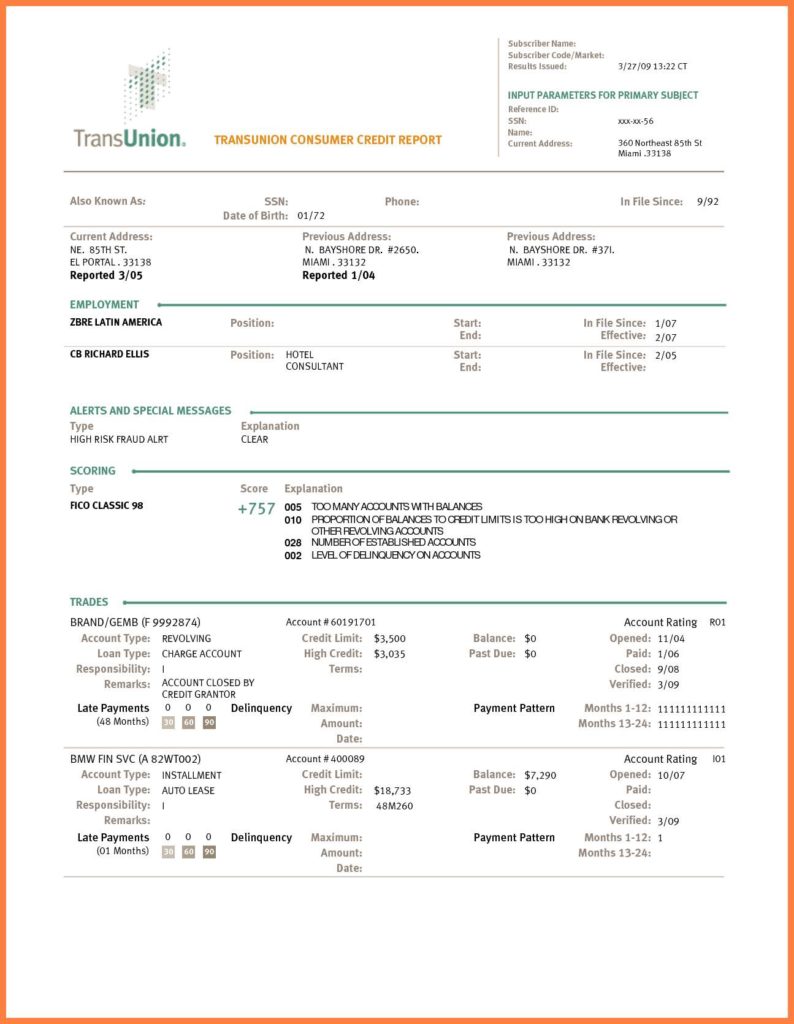 Transunion Credit Report Customer Service And Sample Credit Report From Transunion