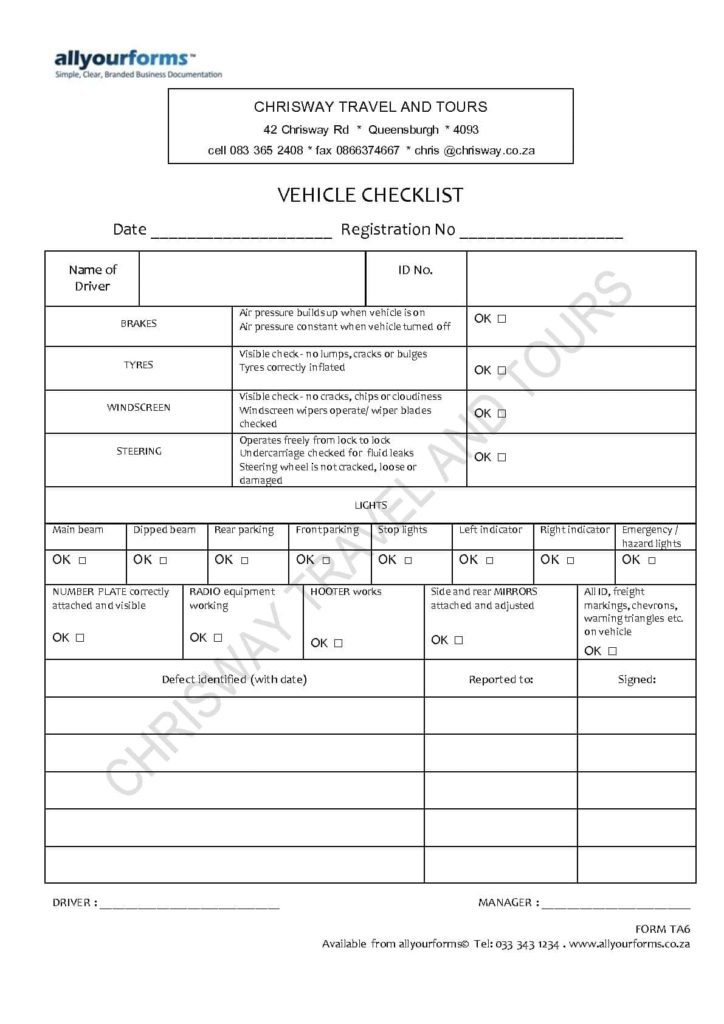 Driver Vehicle Inspection Report Form And Drivers Vehicle Inspection Report Excel