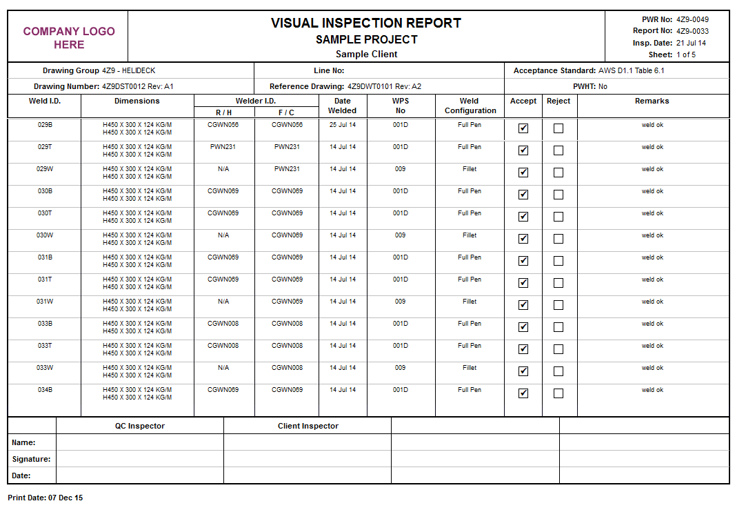 Visual Weld Inspection Report Format And Welding Visual Inspection Report Sample