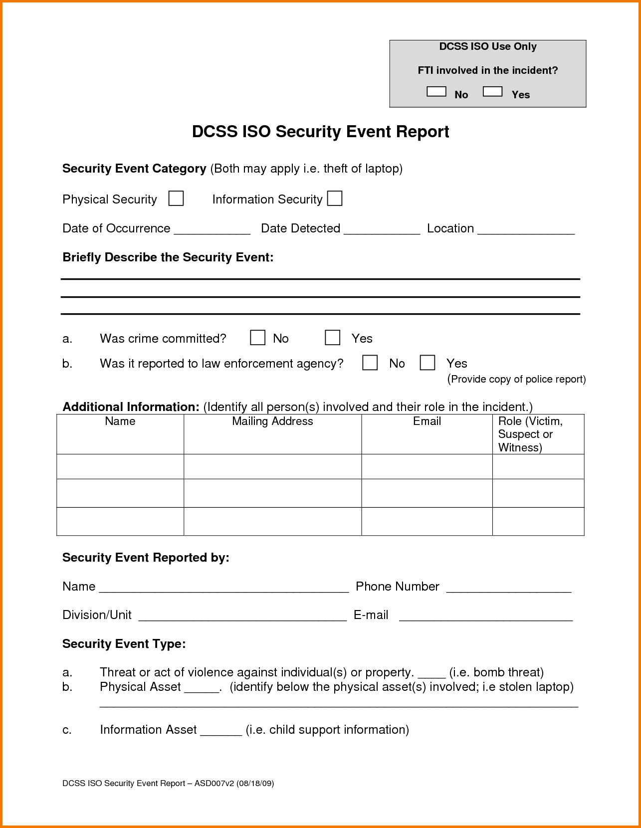 Example Of Security Incident Report Writing And Security Incident Report Form Template