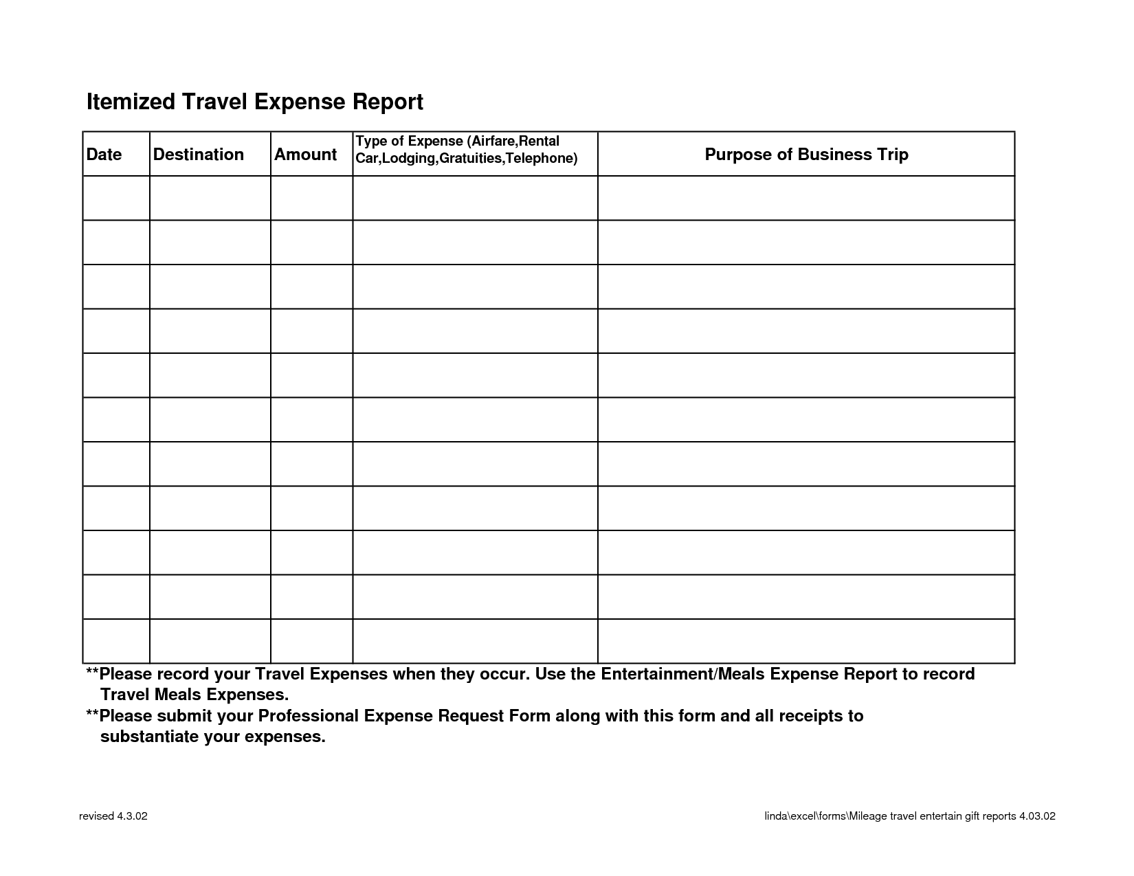 Travel Expense Report Form Free And Expense Report Template Excel 2010