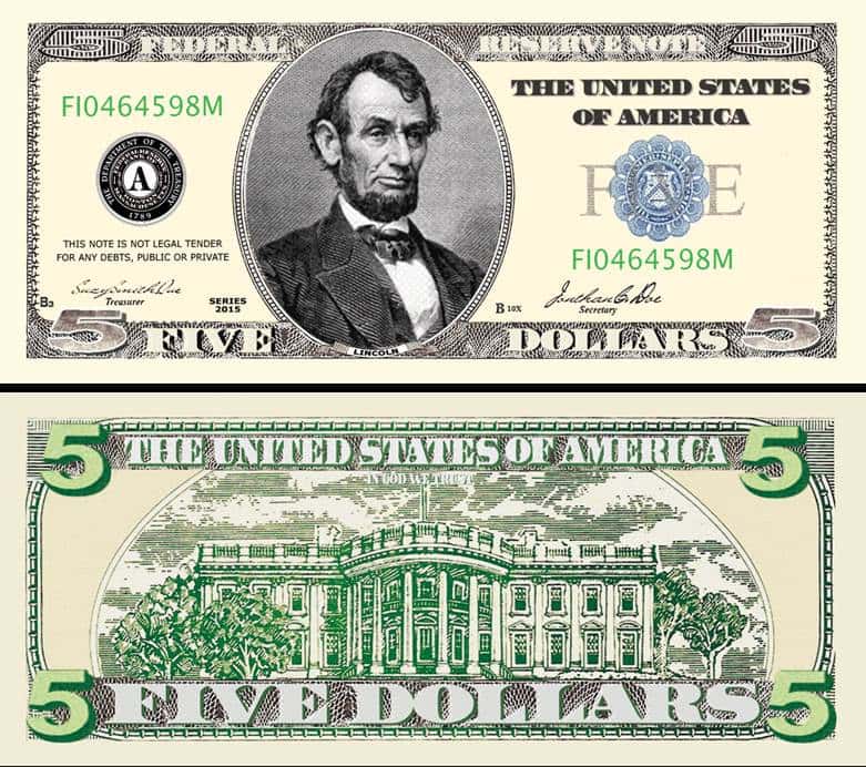 5 Bill Template And Five Dollar Bill