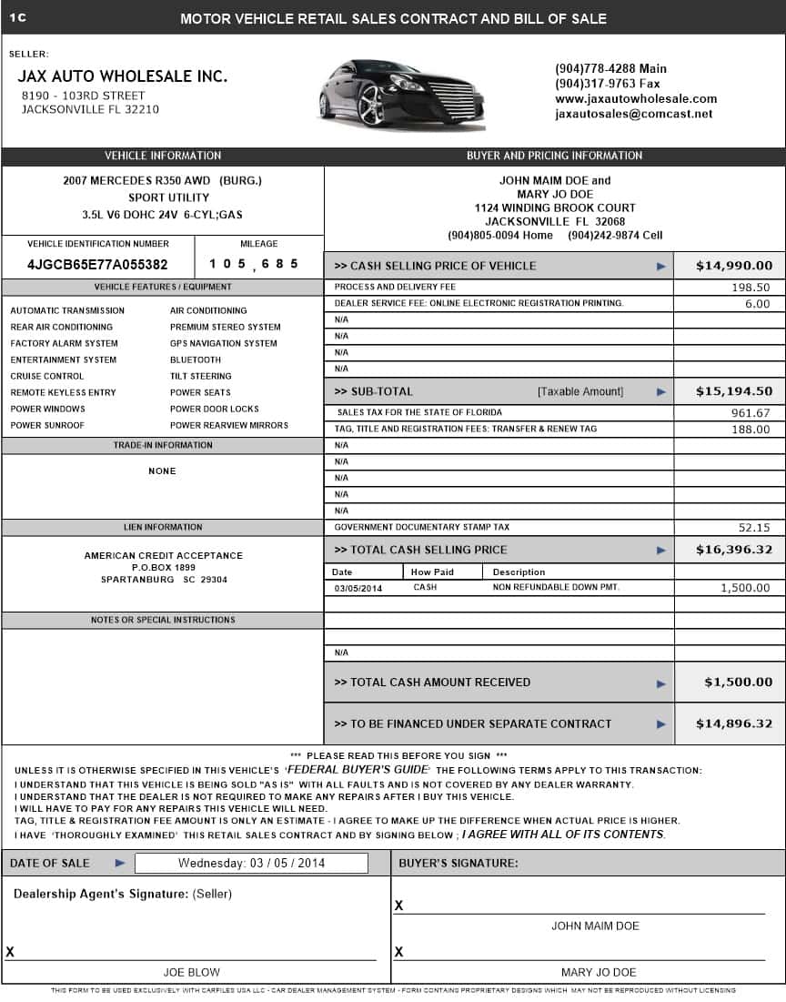 Car Dealer Bill Of Sale Template And Printable General Bill Of Sale
