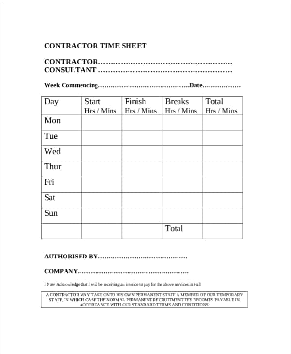Contractor Timesheet Template Xls And Job Timesheet For Contractors