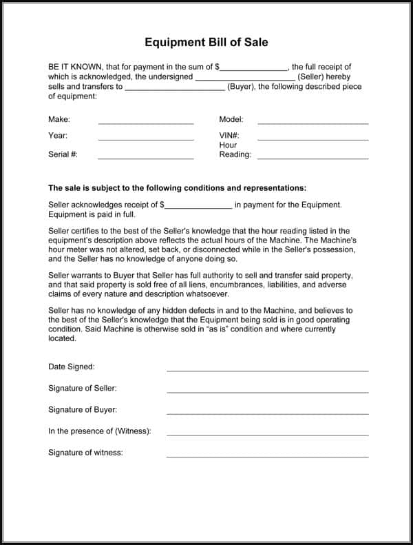 Equipment Bill Of Sale Form Free And Equipment Bill Of Sale Form Texas