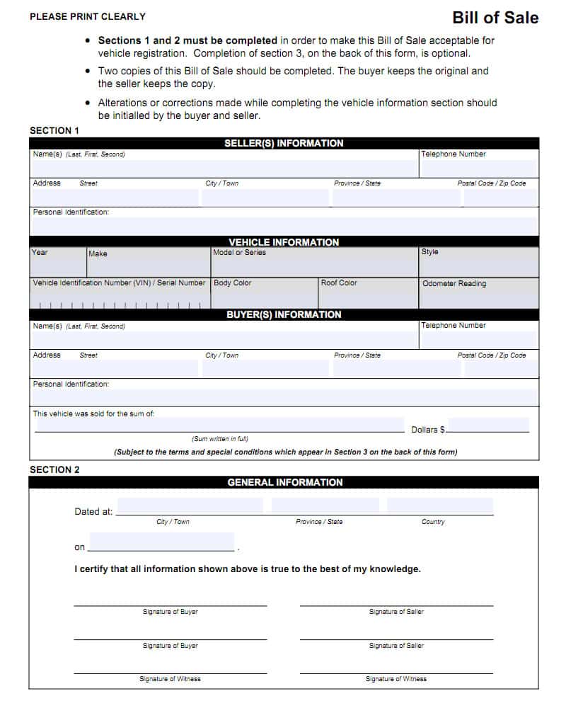 Free Bill Of Sale Form And Texas Auto Bill Of Sale Printable