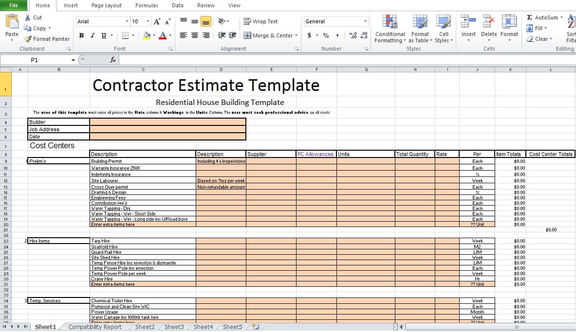 Free Construction Estimate Forms Downloads And Estimate Format In Excel Free Download