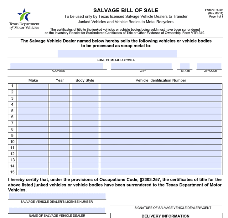 General Bill Of Sale Form And Texas Vehicle Bill Of Sale Form