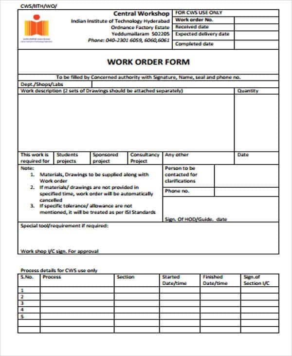 Maintenance Work Order Form Sample And Construction Work Order Template