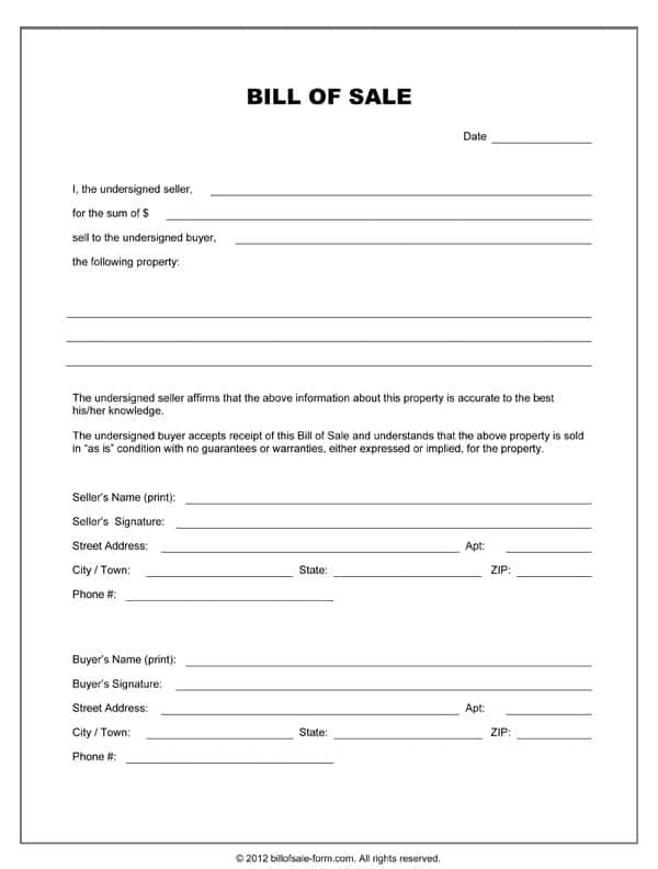 Printable Equipment Bill Of Sale Form And Bill Of Sale Form Used Equipment