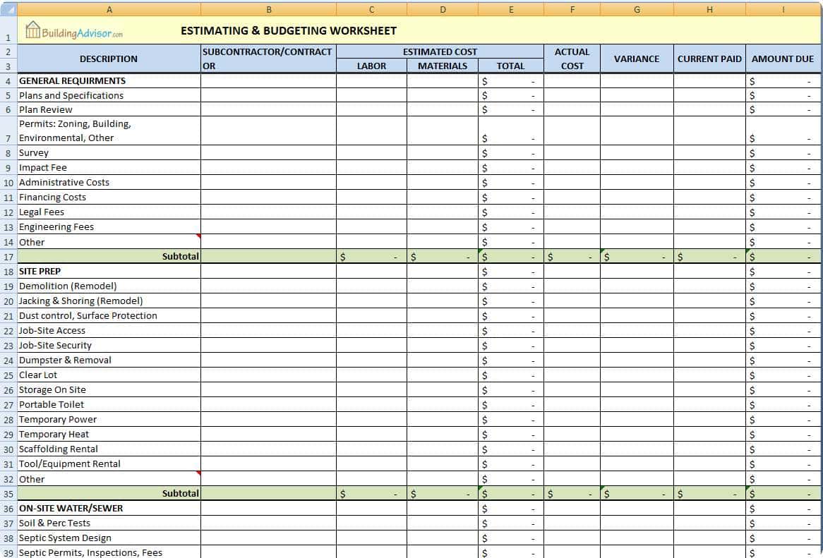 Residential Construction Estimate Template And Building Construction Estimate Spreadsheet Excel Download