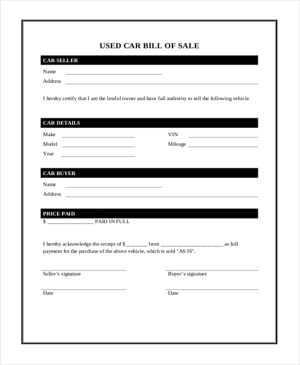 Vehicle Bill Of Sale Template With Notary And Car Bill Of Sale Form Pdf