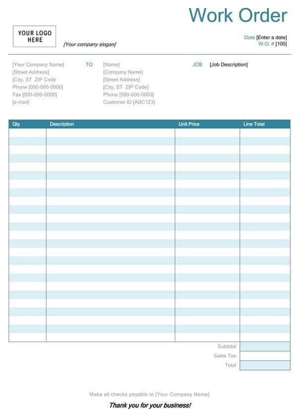 Work Order Form Template Pdf And Work Order Sheet Sample