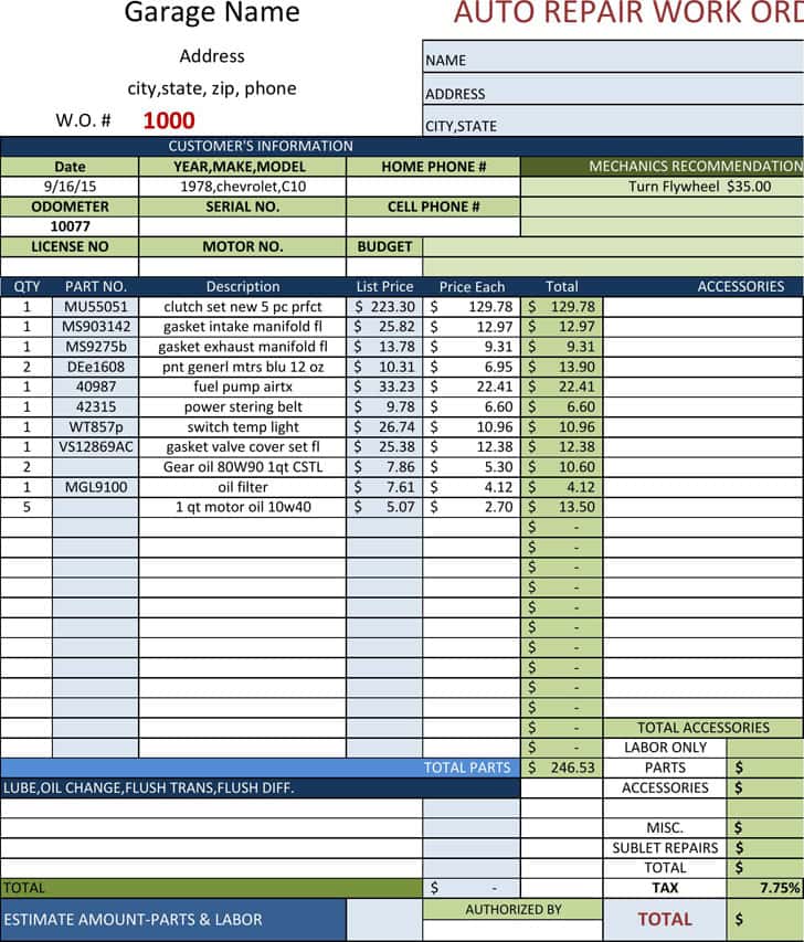 Auto Repair Invoice Software Free Download And Auto Repair Work Order Forms