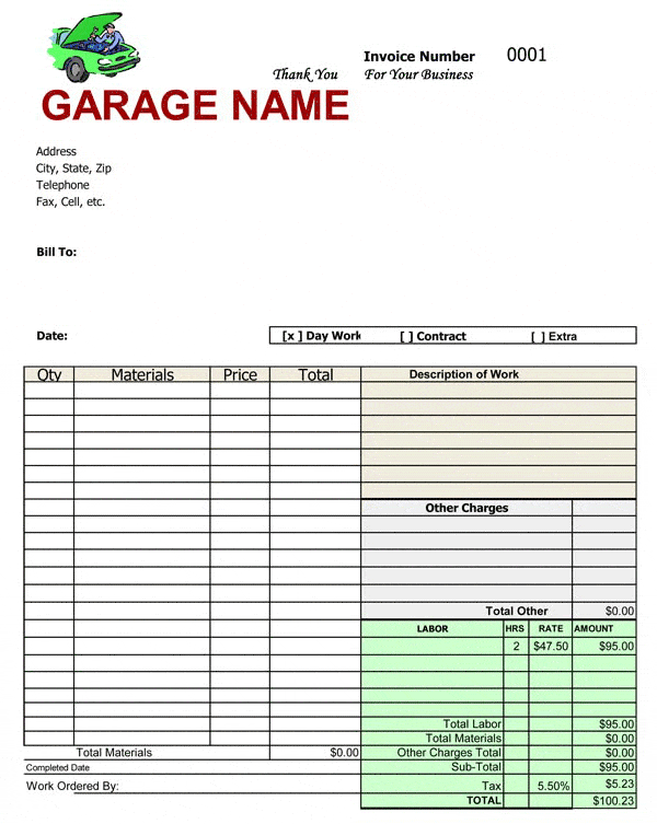 Automotive Shop Invoice Template Free And Garage Repair Orders