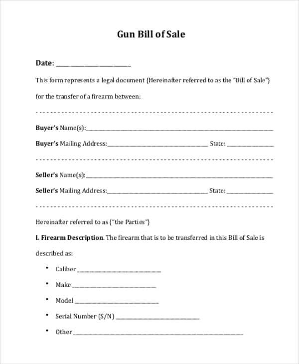 Bill Of Sale Form Gun Free And Bill Of Sale Form Indiana Gun