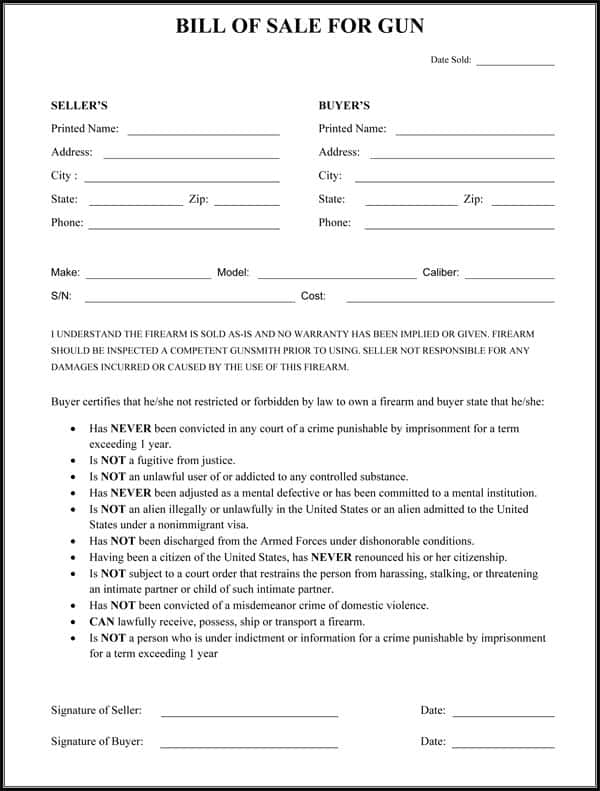 Bill Of Sale Form Ohio Gun And Bill Of Sale Template For A Gun