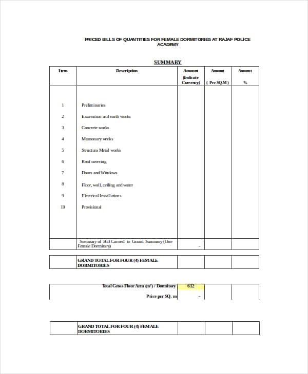 Building Bill Of Quantities Template And Electrical Bill Of Quantities Template