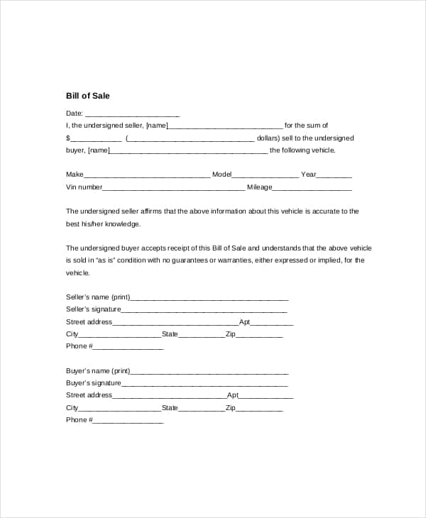 Car Bill Of Sale Example Template And Used Car Bill Of Sale Template Pdf