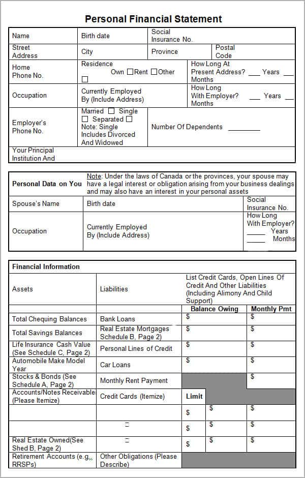 Financial Statement Template Xls And Printable Financial Statement Form Free