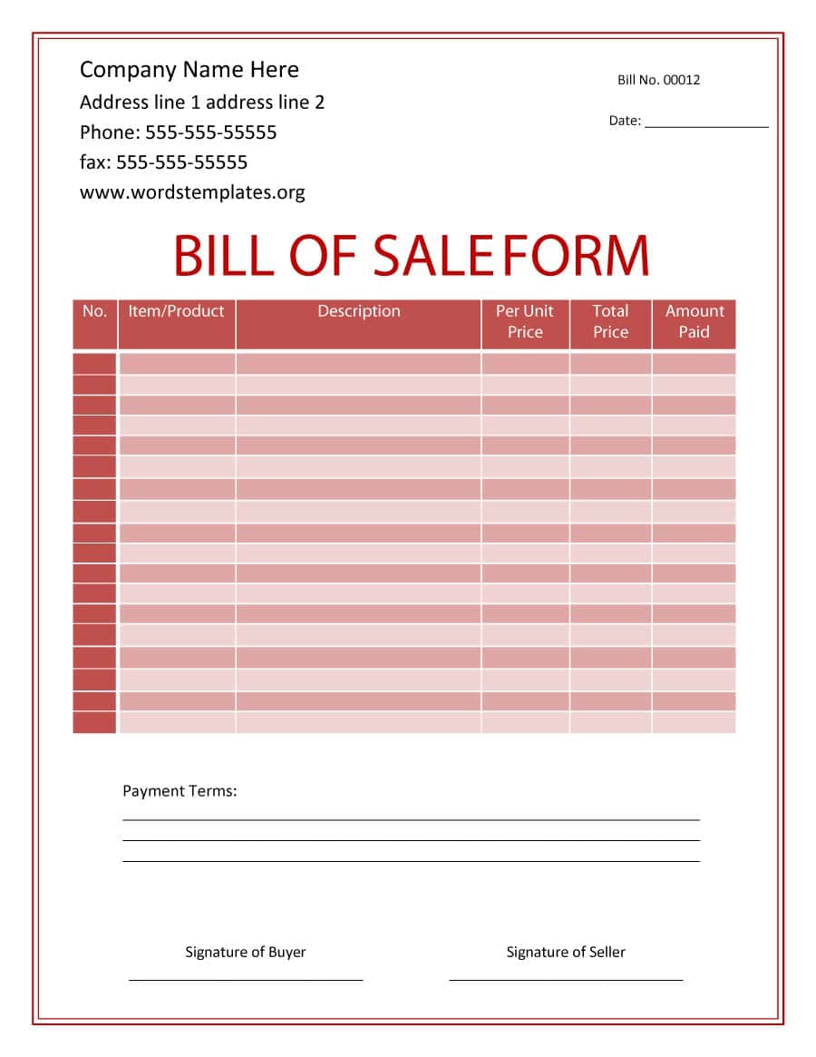 Free Printable Bill Of Sale Template And Bill Of Sale Template Doc