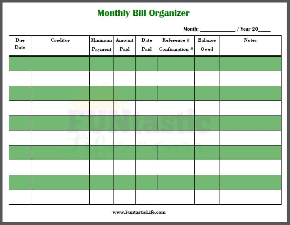 Free Printable Monthly Bill Organizer Template And Free Monthly Budget Template