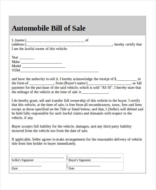 Free Sample Of Bill Of Sale For Used Car And Standard Bill Of Sale Pdf