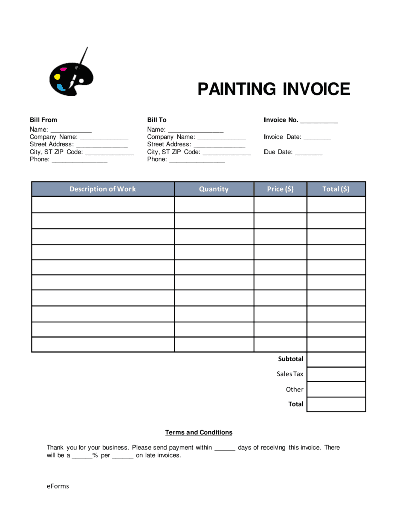 Painting Company Invoice Template And House Painting Invoice Template