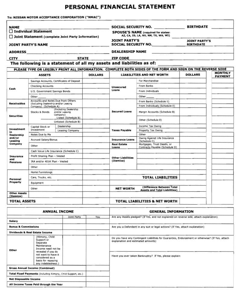 Personal Financial Statement Forms Free And Personal Financial Statement Template Free Download