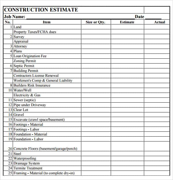 Residential Construction Estimate Template And Construction Estimate Template For Excel